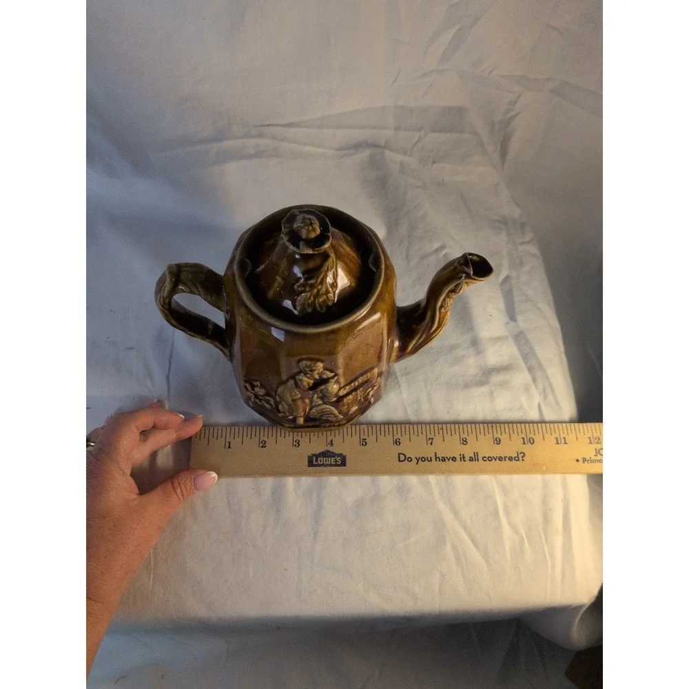 Vintage Brown Drip Glaze Teapot w/ Infuser Insert Relief Scene Japan Style Crack